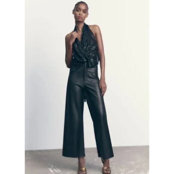 Zara Pants Faux Leather‎ Patch Pocket Marine Straight Wide Leg Size 6 Black - Picture 1 of 9